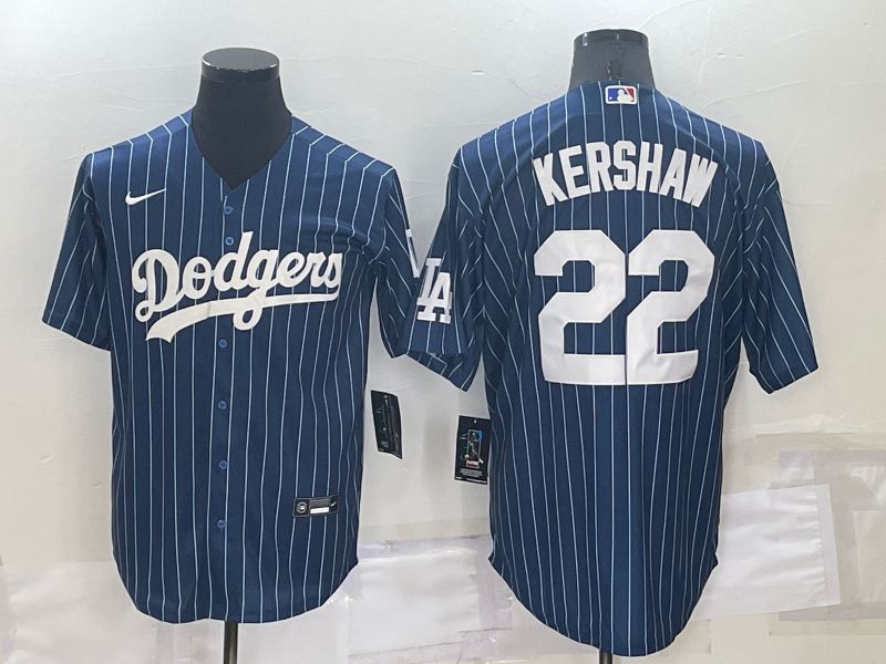 Men Los Angeles Dodgers 22 Kershaw Blue Stripe Throwback Nike 2022 MLB Jersey